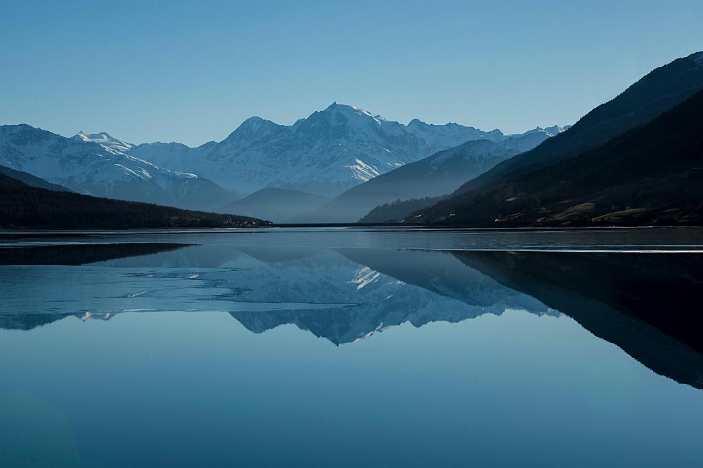 mountains and blue sky reflected in a lake