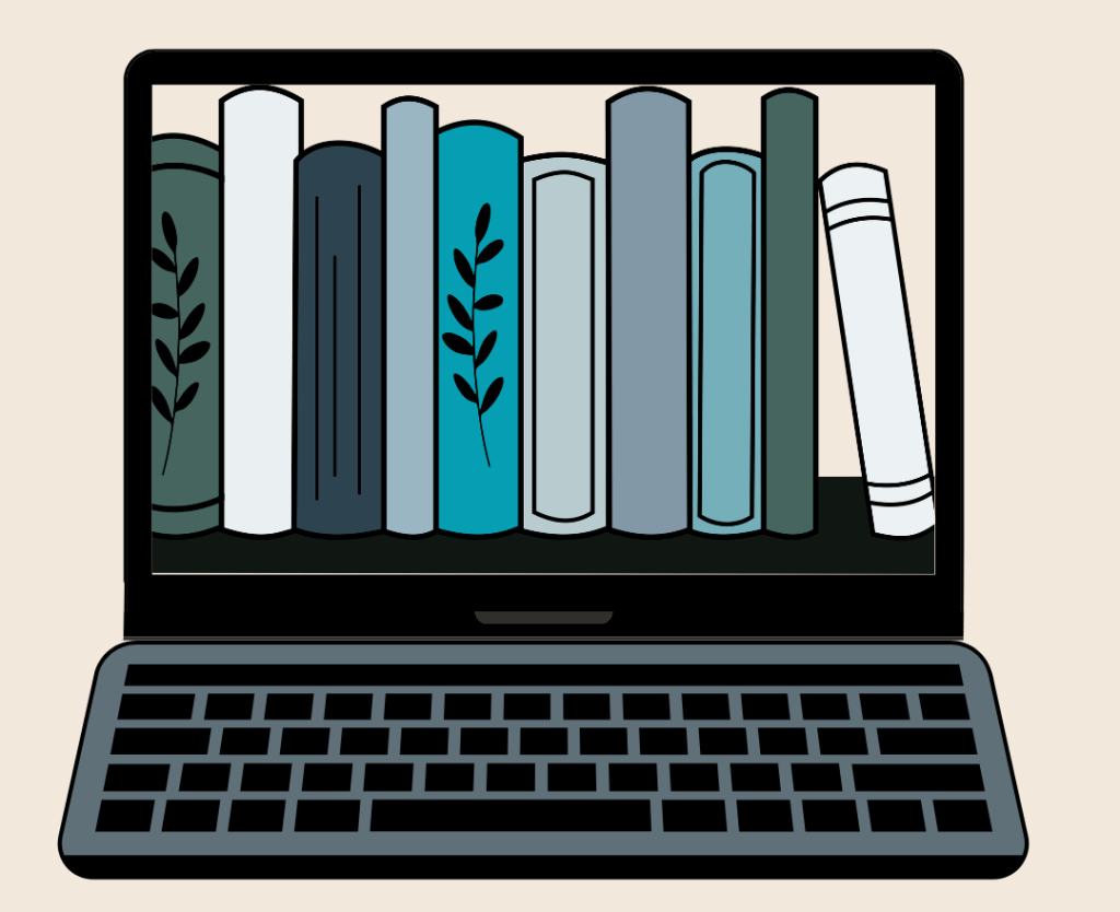 laptop with books on the screen