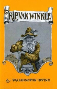Orange and blue cover with a bearded man and the text: Rip Van Winkle Washington Irving.